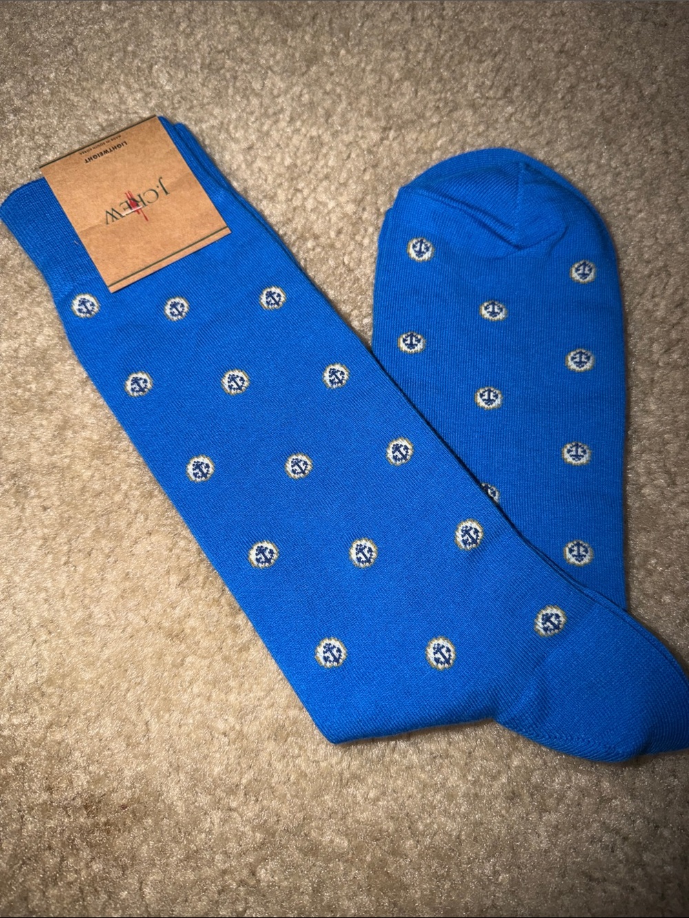 J. Crew Blue Dress Socks with Cream Dot Medallions